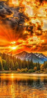 Vibrant sunset over mountains with lake reflection.