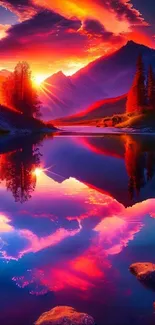 Vibrant sunset over mountains with a colorful reflection.