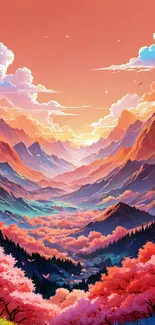 Vibrant sunset over colorful mountains with clouds.