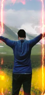 Person with outstretched arms overlooking vibrant mountains on a dynamic wallpaper.