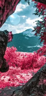 Vibrant mountain landscape with trees framing the view.