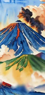 Watercolor painting of an erupting volcano in vibrant colors.