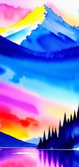 Vibrant watercolor of a mountain landscape with colorful reflections.