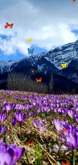 Violet flowers and butterflies with mountains.