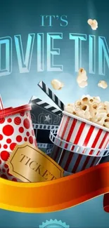 Colorful movie-themed wallpaper with popcorn, soda, and film elements.