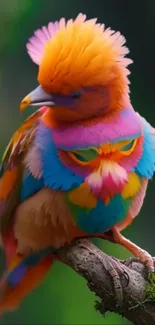 Vibrantly colored bird perched on a branch with a green background.