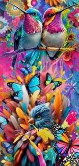 Vibrant colorful wallpaper with birds and butterflies.