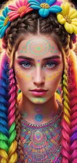 Colorful braided hairstyle with vibrant flowers and psychedelic design.