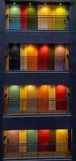 Colorful building facade with vibrant doors and railings.