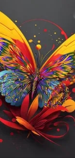 Colorful butterfly with abstract design on dark background.