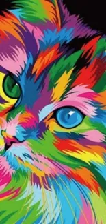 Colorful pop art cat design with vibrant colors and fierce expression.