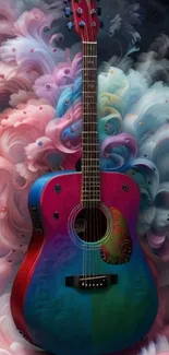 Colorful guitar with vibrant swirls art background.