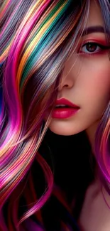 Mobile wallpaper of vibrant multicolor hair art portrait.
