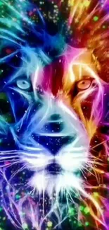 Vibrant multicolor lion art wallpaper with dynamic neon shades.