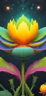 Vibrant multicolored lotus digital wallpaper with cosmic background.