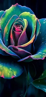 Mobile wallpaper of a vibrant multicolor rose with dewdrops.