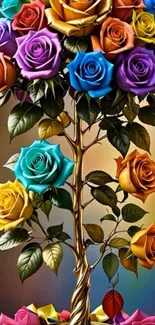 Vibrant multicolor rose bouquet art wallpaper with lush foliage.