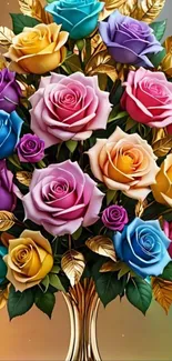 Vibrant multicolor rose bouquet with gold leaves.