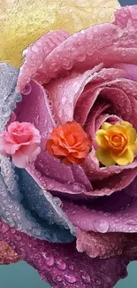 Vibrant multicolor rose with dewdrops on petals.