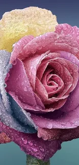 Multicolor rose with dew drops in vibrant colors.