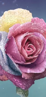 A vibrant multicolor rose with dewy petals on a gradient background.