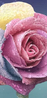 A vibrant multicolor rose with dew drops.