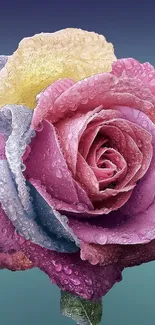 Multicolor rose with dew drops and gradient background in vibrant hues.