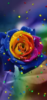 Vibrant multicolor rose with blue, yellow, and pink hues on mobile wallpaper.