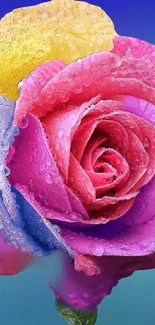 Vibrant multicolor rose with dew drops, ideal for mobile wallpaper.