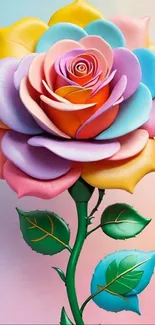 Vibrant pastel rose with layered petals and green leaves.