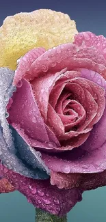 Vibrant multicolor rose with dewdrops on petals.