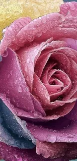 Close-up of vibrant multicolor rose with dewdrops.