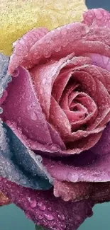 Vibrant multicolor rose with dew droplets in close-up view.