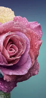 Close-up of a vibrant, multicolor rose with dewdrops.