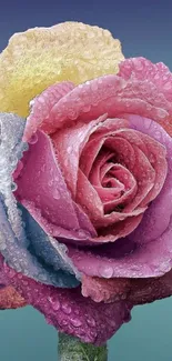 Colorful rose with dewdrops on petals; vibrant phone wallpaper.