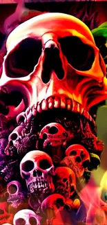 Vibrant skull art with red and green hues.