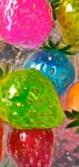 Artistic multicolor strawberries on a vibrant background.