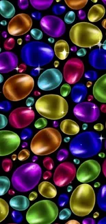 Vibrant multicolored gemstone wallpaper with bright, colorful stones on black.