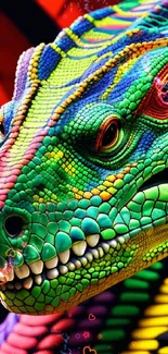 Vibrant, multicolored lizard artwork on a mobile wallpaper.