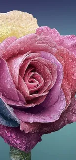 Vibrant multicolored rose with dewdrops on petals.