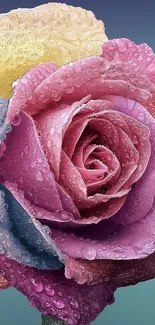 Vibrant pink and purple rose with dewdrops on petals.