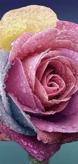 Close-up of vibrant multicolored rose with water droplets.