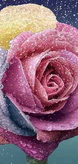 Vibrant multicolored rose with dew droplets for mobile wallpaper.