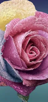 Vibrant multicolored rose with dew drops on pastel petals.