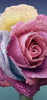 Vibrant multicolored rose with dewdrops in close-up view.