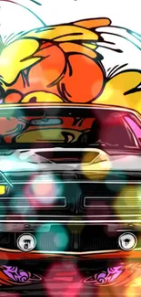 Vibrant classic muscle car with artistic swirls.