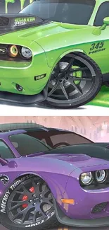 Illustrated green and purple muscle cars on a vibrant wallpaper.