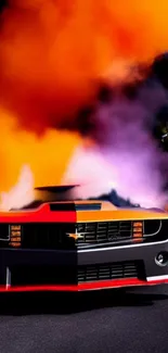 Vibrant muscle car with colorful smoke background.