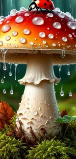 Vibrant mushroom with raindrops on a green forest background.