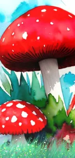 Artistic watercolor mushroom wallpaper with vibrant red caps.